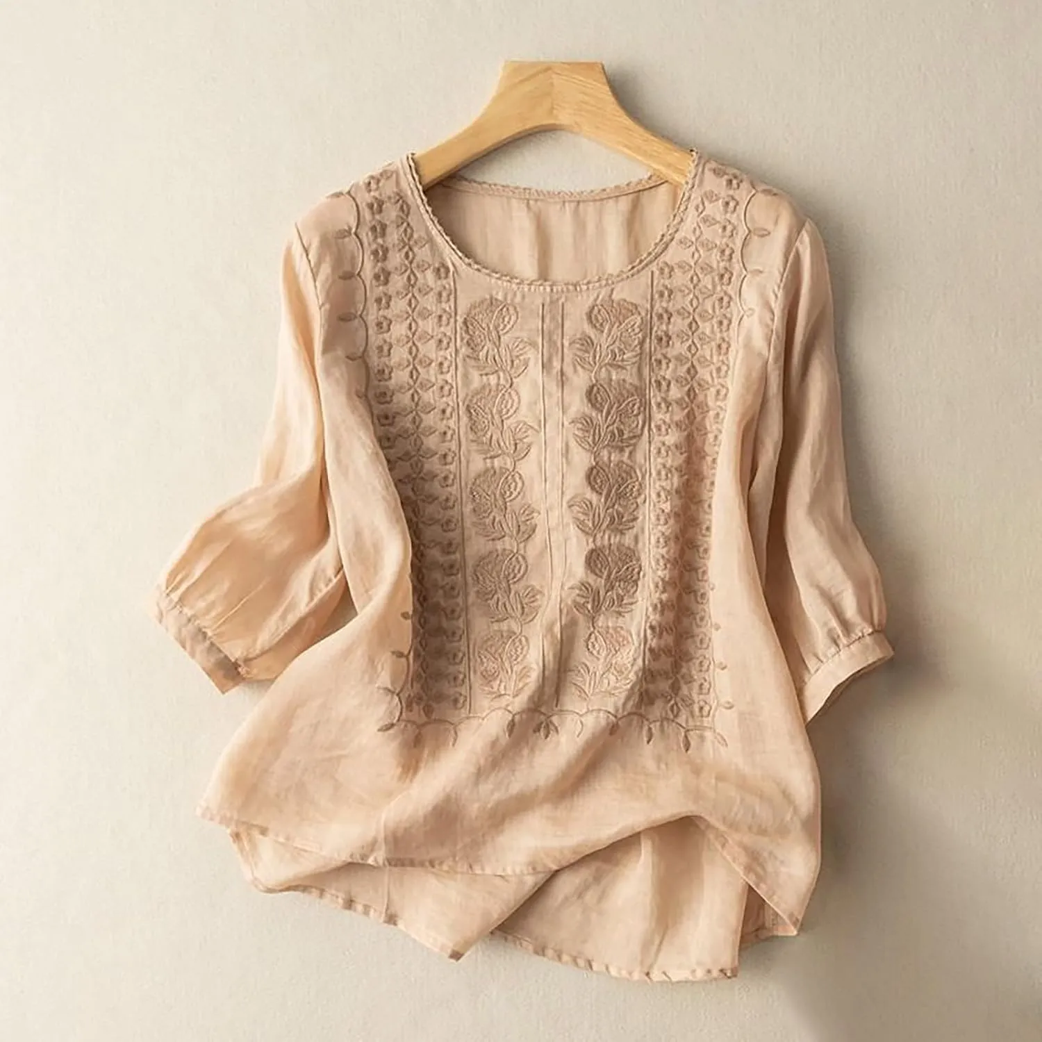 Linen Shirts for Women 2025 Summer Trendy Retro Embroidered 3/4 Sleeve Loose Dressy Casual Tops Boho Cute Blouses