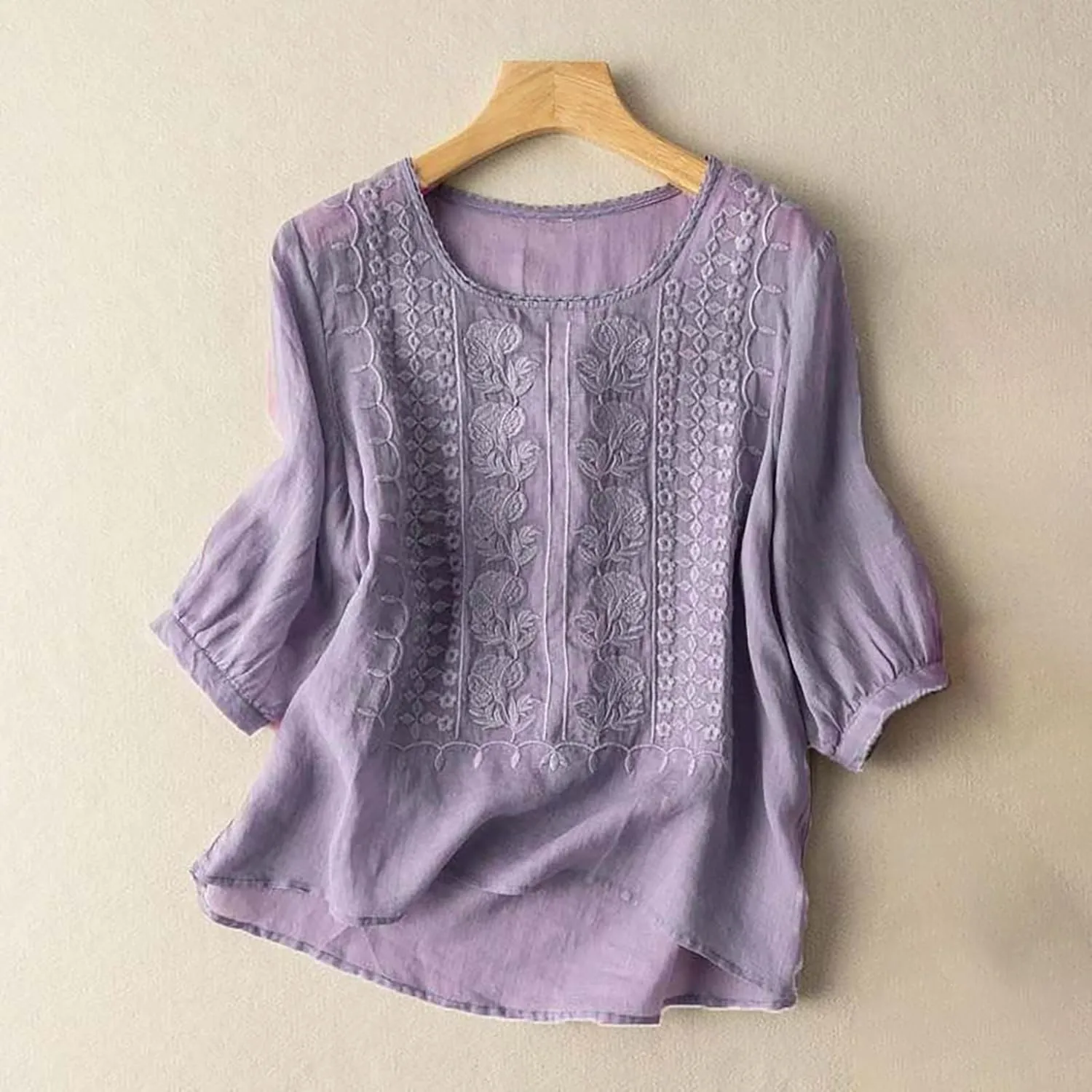 Linen Shirts for Women 2025 Summer Trendy Retro Embroidered 3/4 Sleeve Loose Dressy Casual Tops Boho Cute Blouses