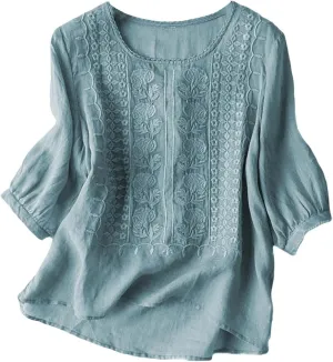 Linen Shirts for Women 2025 Summer Trendy Retro Embroidered 3/4 Sleeve Loose Dressy Casual Tops Boho Cute Blouses