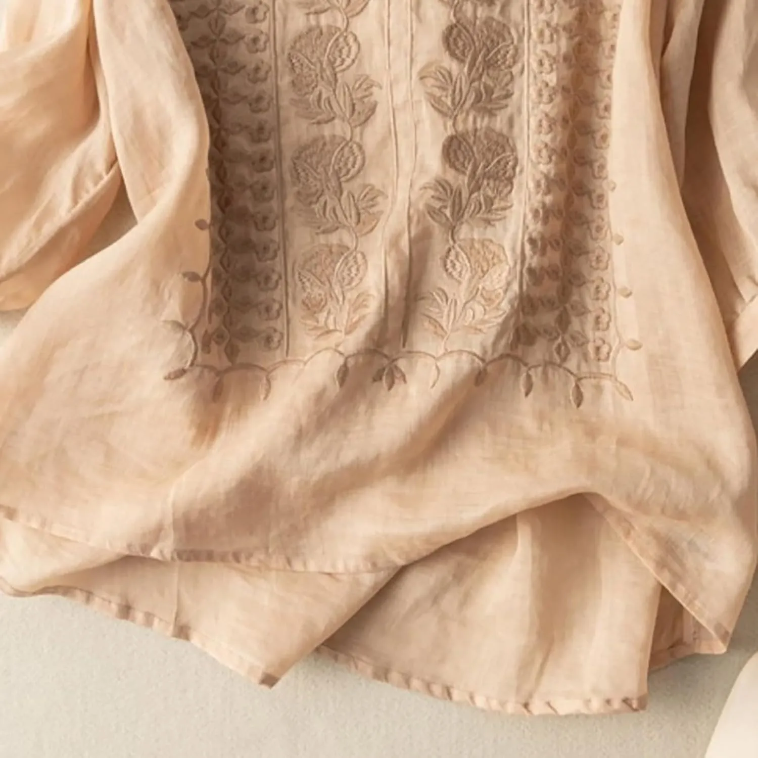 Linen Shirts for Women 2025 Summer Trendy Retro Embroidered 3/4 Sleeve Loose Dressy Casual Tops Boho Cute Blouses