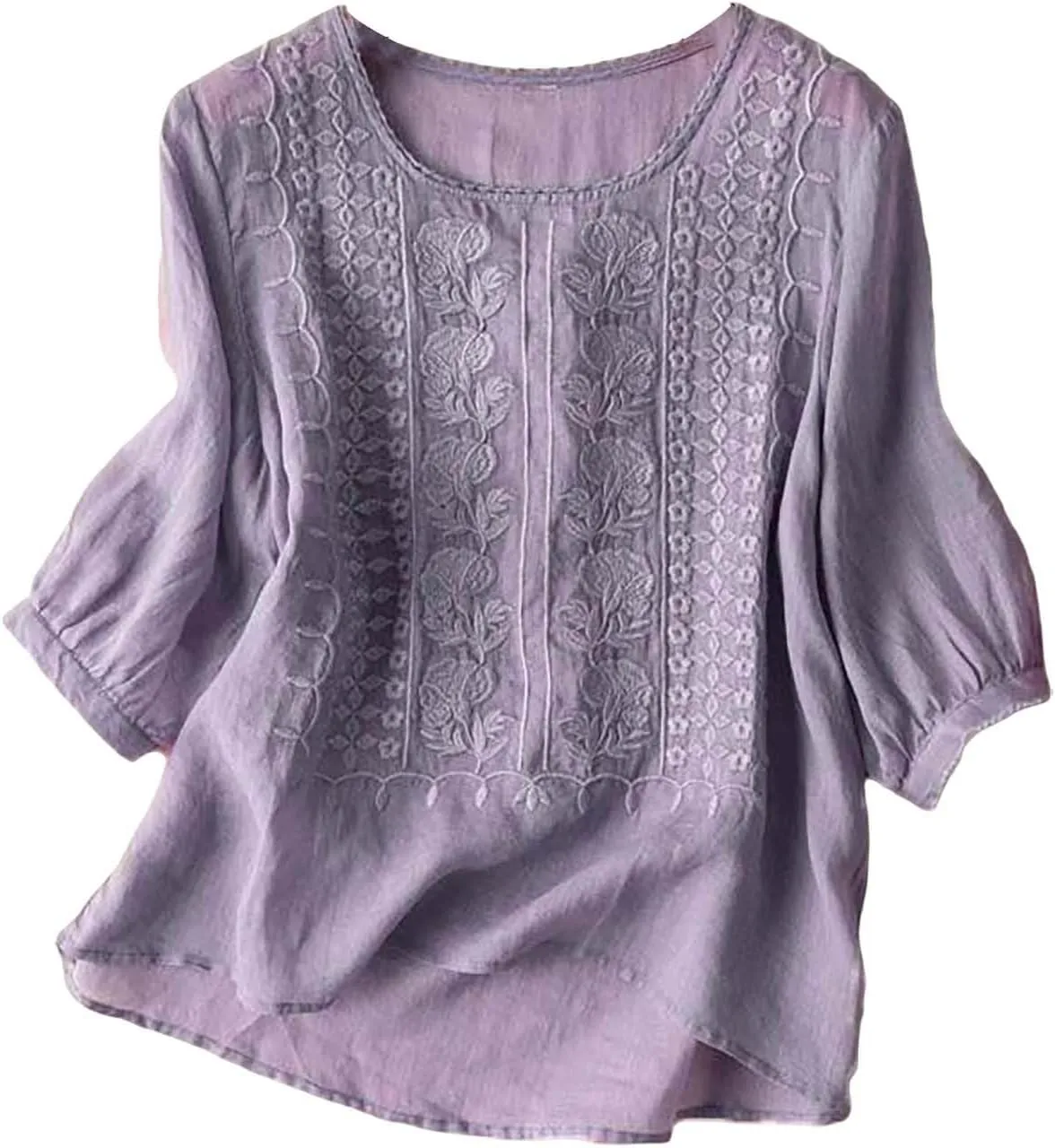 Linen Shirts for Women 2025 Summer Trendy Retro Embroidered 3/4 Sleeve Loose Dressy Casual Tops Boho Cute Blouses