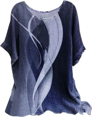 Linen Shirts for Women Summer 2025 Plus Size Crewneck Short Sleeve Blouses Loose Casual Fashion Printed Boho Tops