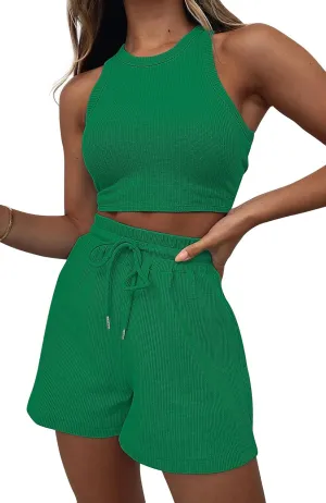 Lingswallow 2 Piece Women Lounge Sets - Sleeveless Crop Top and Shorts Waffle Lounge Set Tracksuits Sweatsuits for Women