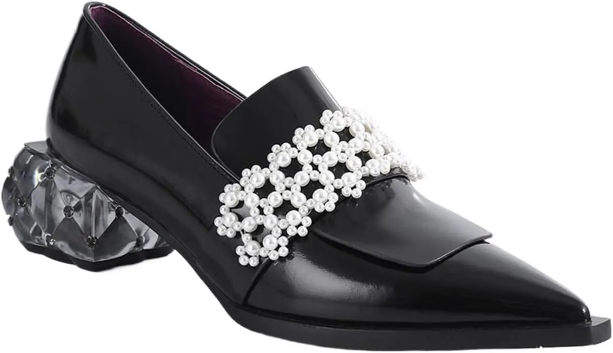 Loafers for Women Elegant Real Leather Loafers for Women Pointy Toe Pumps with Pearl Crystal Heels Mid Heel Autumn Footwear