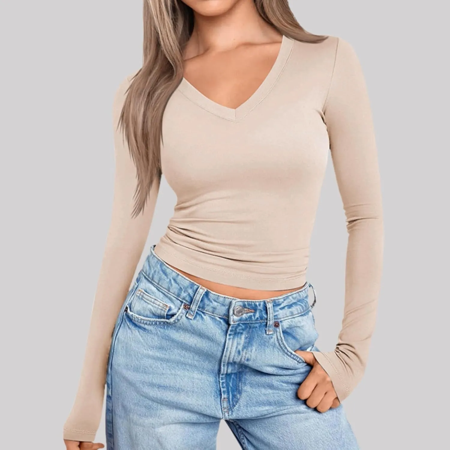 Long Sleeve Shirts for Women V Neck Basics Tops Lightweight Slim Fit Crop Top Base Layer Thermal Undershirts Fall