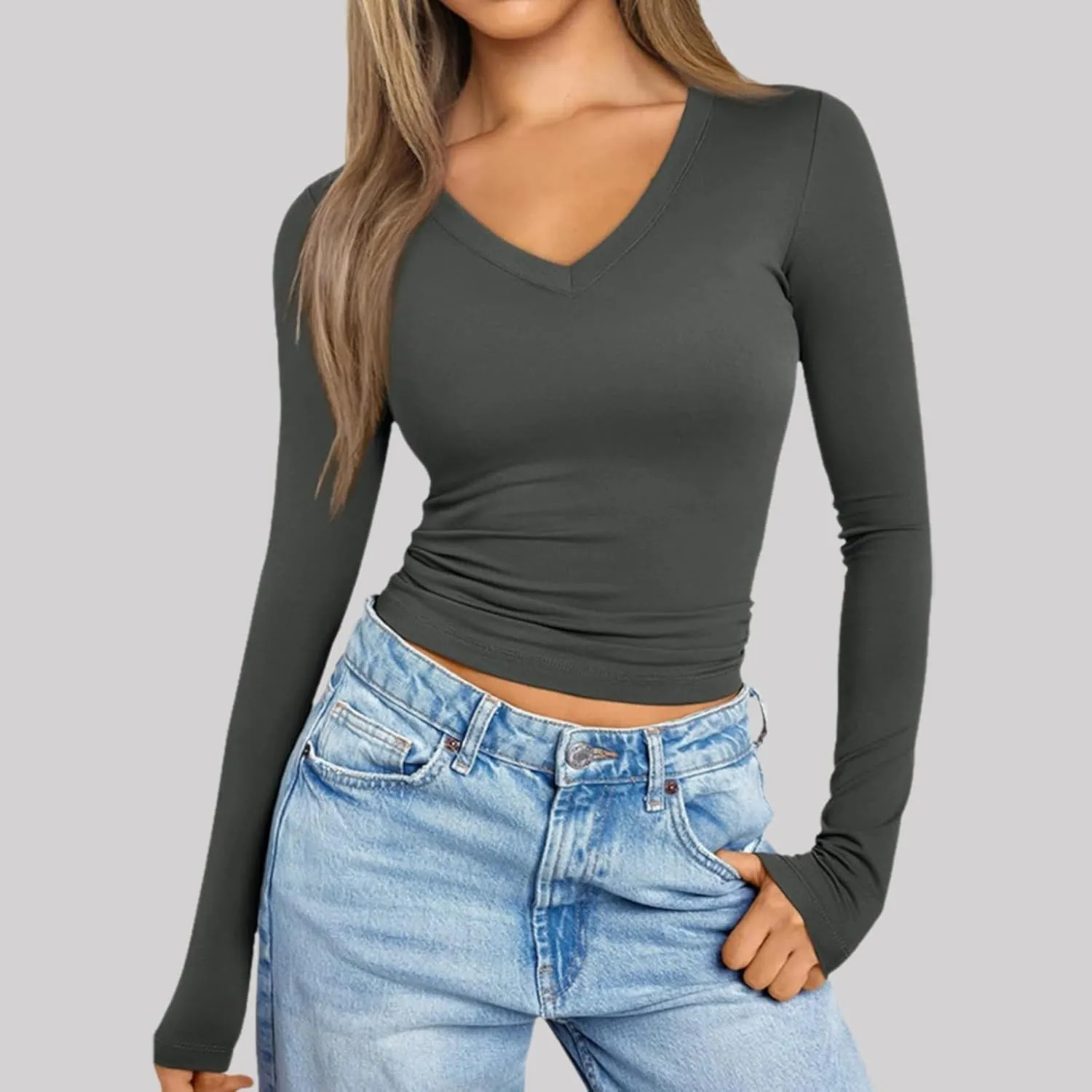 Long Sleeve Shirts for Women V Neck Basics Tops Lightweight Slim Fit Crop Top Base Layer Thermal Undershirts Fall
