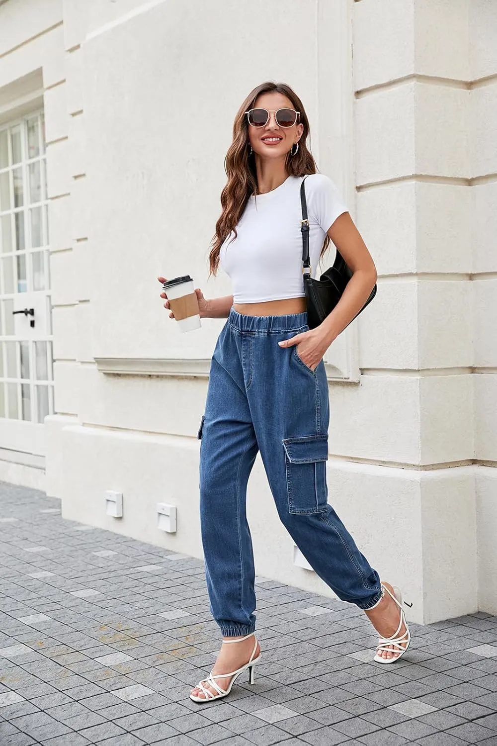 LONGYIDA Jean Joggers for Women High Waisted Drawstring Elastic Waist Stretch Denim Pants