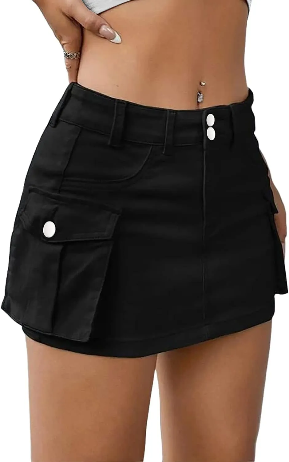 Low Waist Cargo Skirt Women Button Mini Cargo Denim Skirt with Pocket Mini Skirt