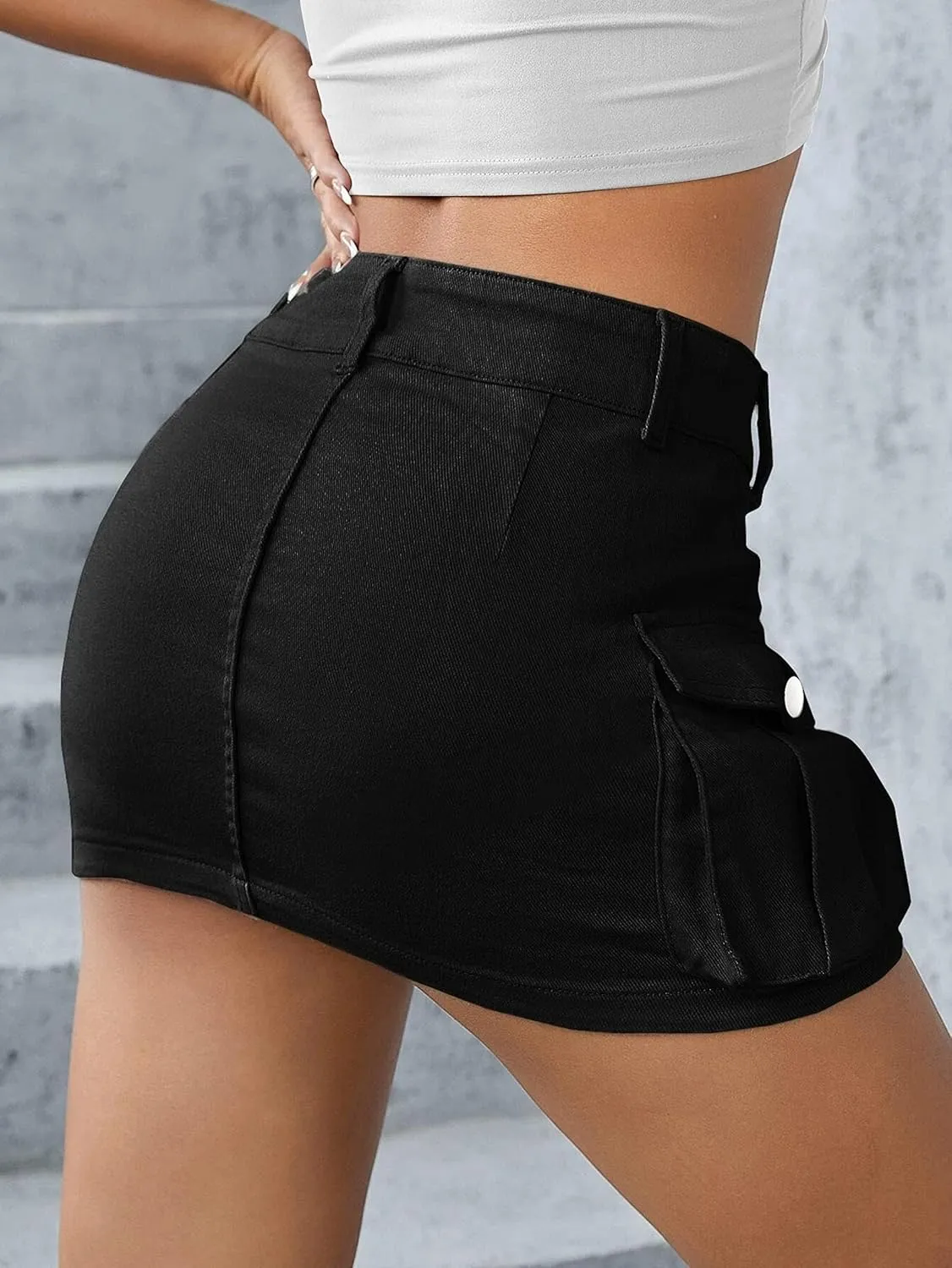 Low Waist Cargo Skirt Women Button Mini Cargo Denim Skirt with Pocket Mini Skirt