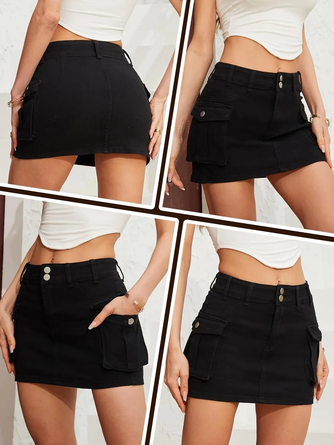 Low Waist Cargo Skirt Women Button Mini Cargo Denim Skirt with Pocket Mini Skirt