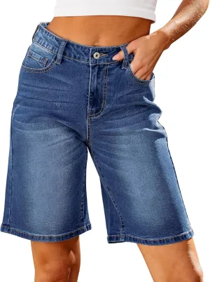 luvamia Bermuda Jean Shorts for Women High Waisted Trendy Stretchy Denim Shorts Knee Length Cutoff Loose Fit Long Shorts
