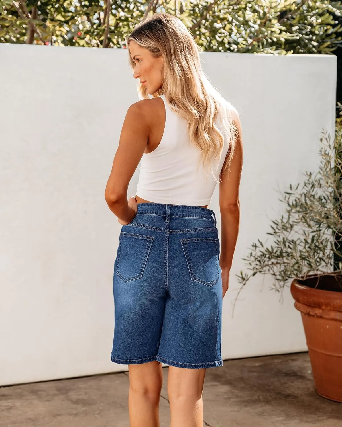 luvamia Bermuda Jean Shorts for Women High Waisted Trendy Stretchy Denim Shorts Knee Length Cutoff Loose Fit Long Shorts