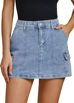 luvamia Jean Skirts for Women Denim Trendy High Waisted Mini Cargo Pockets Stretchy Short Skirt Country Concert Outfits