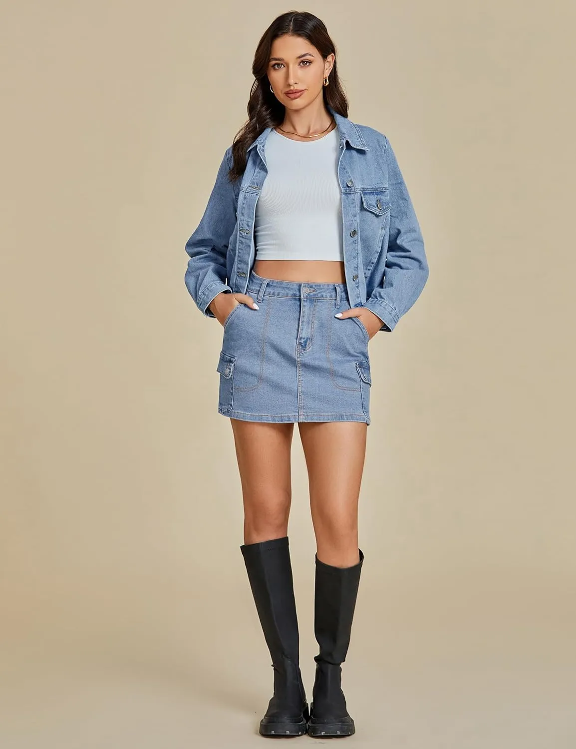 luvamia Jean Skirts for Women Denim Trendy High Waisted Mini Cargo Pockets Stretchy Short Skirt Country Concert Outfits