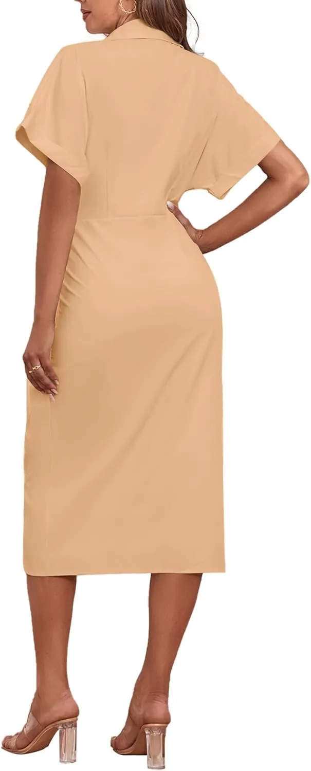 LYANER Women's Collar Button Down Ruched Self Tie Short Sleeve Midi Dress