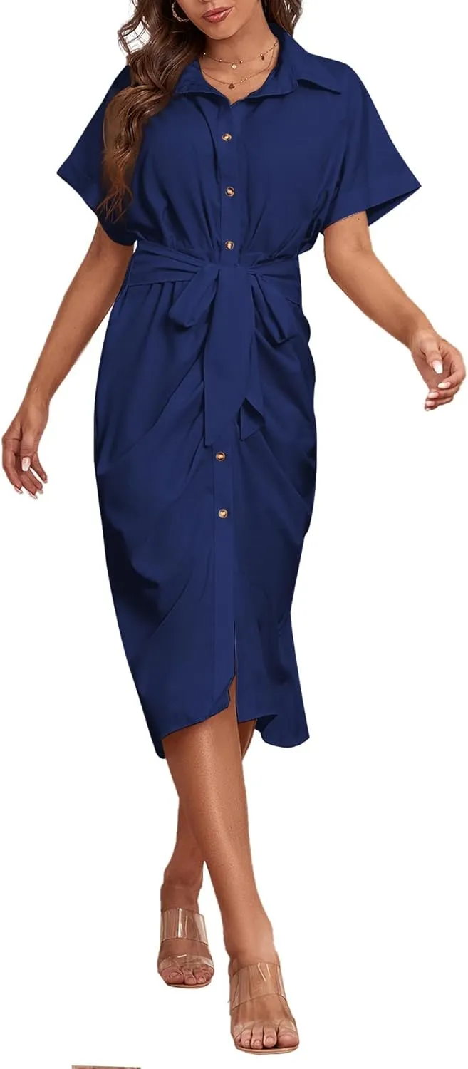 LYANER Women's Collar Button Down Ruched Self Tie Short Sleeve Midi Dress