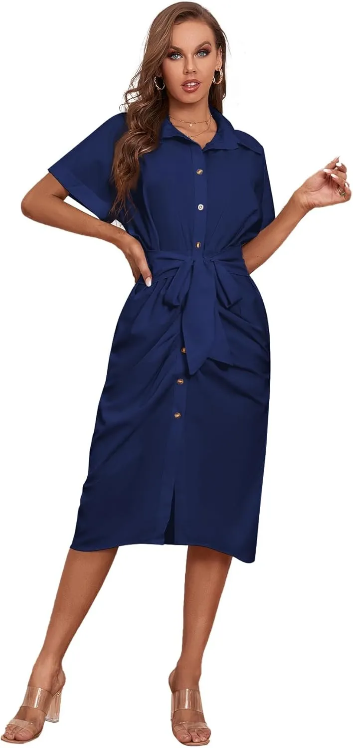 LYANER Women's Collar Button Down Ruched Self Tie Short Sleeve Midi Dress