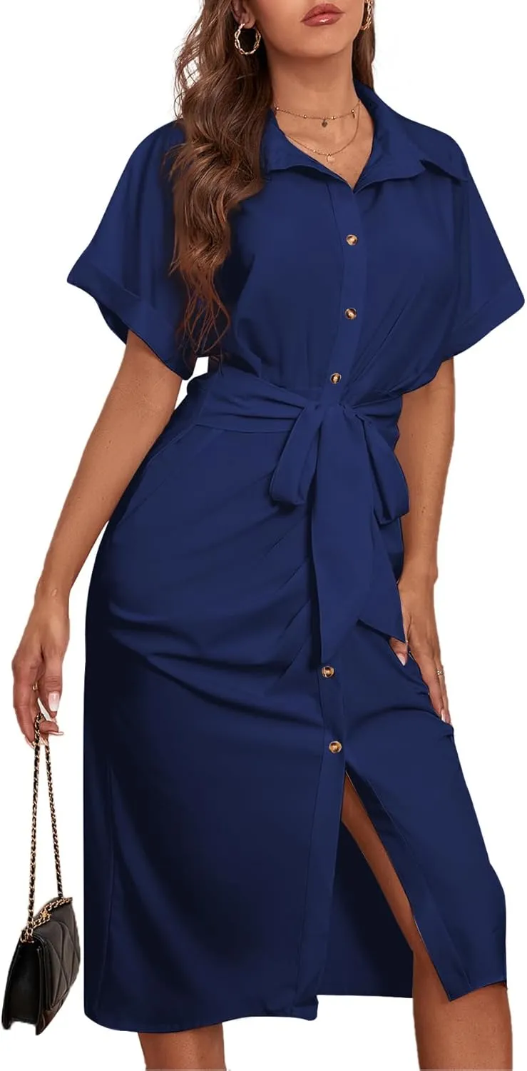 LYANER Women's Collar Button Down Ruched Self Tie Short Sleeve Midi Dress