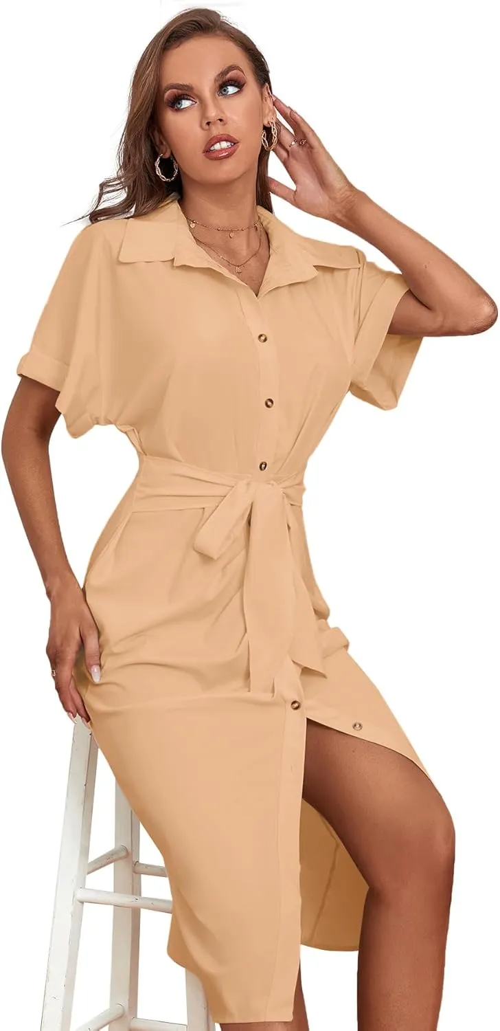 LYANER Women's Collar Button Down Ruched Self Tie Short Sleeve Midi Dress