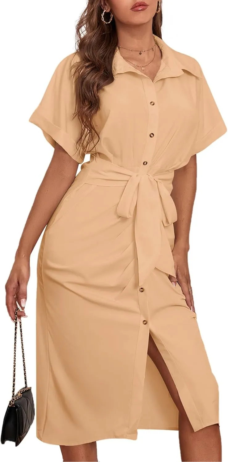 LYANER Women's Collar Button Down Ruched Self Tie Short Sleeve Midi Dress