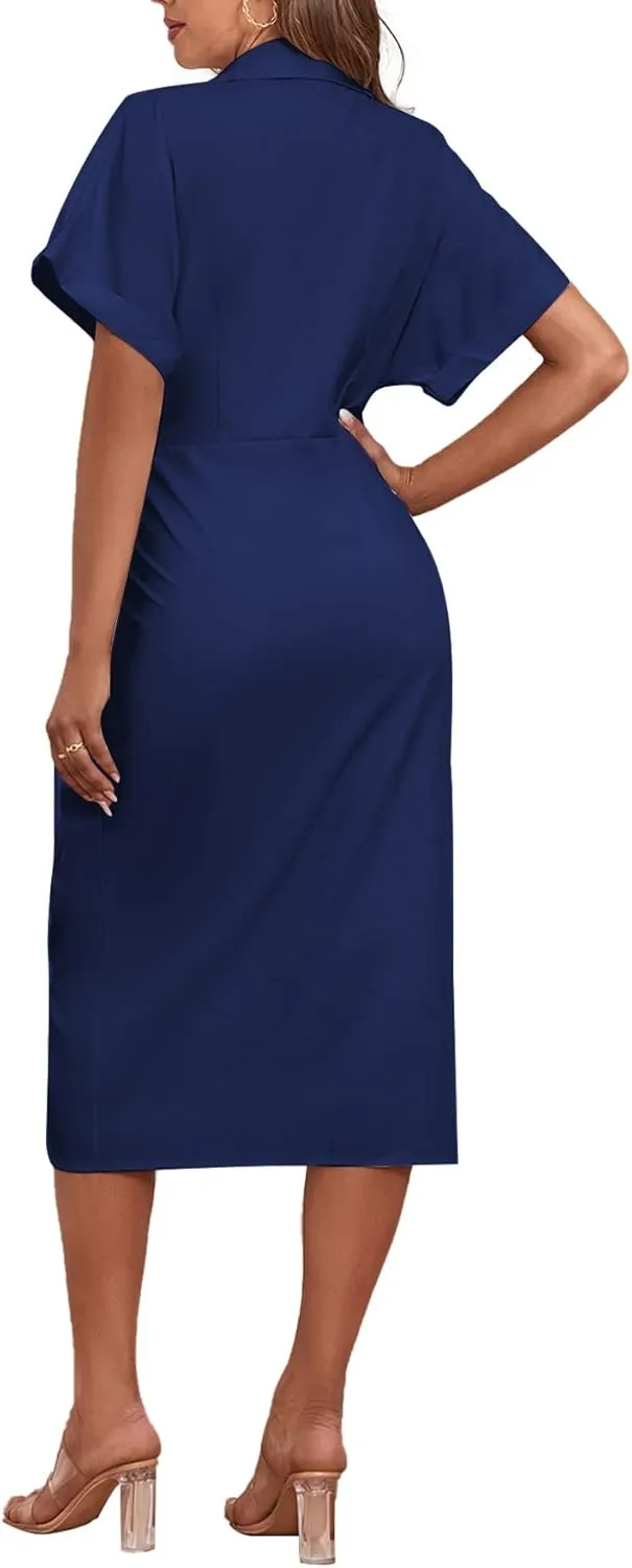 LYANER Women's Collar Button Down Ruched Self Tie Short Sleeve Midi Dress