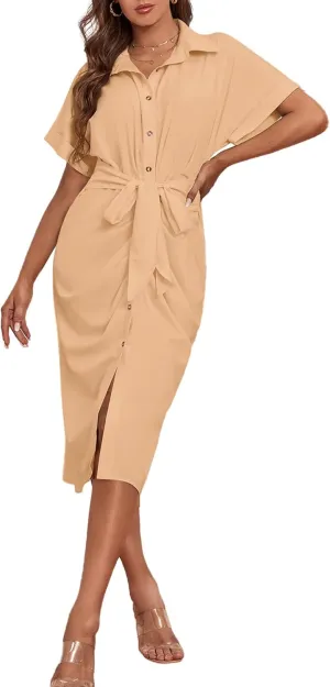 LYANER Women's Collar Button Down Ruched Self Tie Short Sleeve Midi Dress