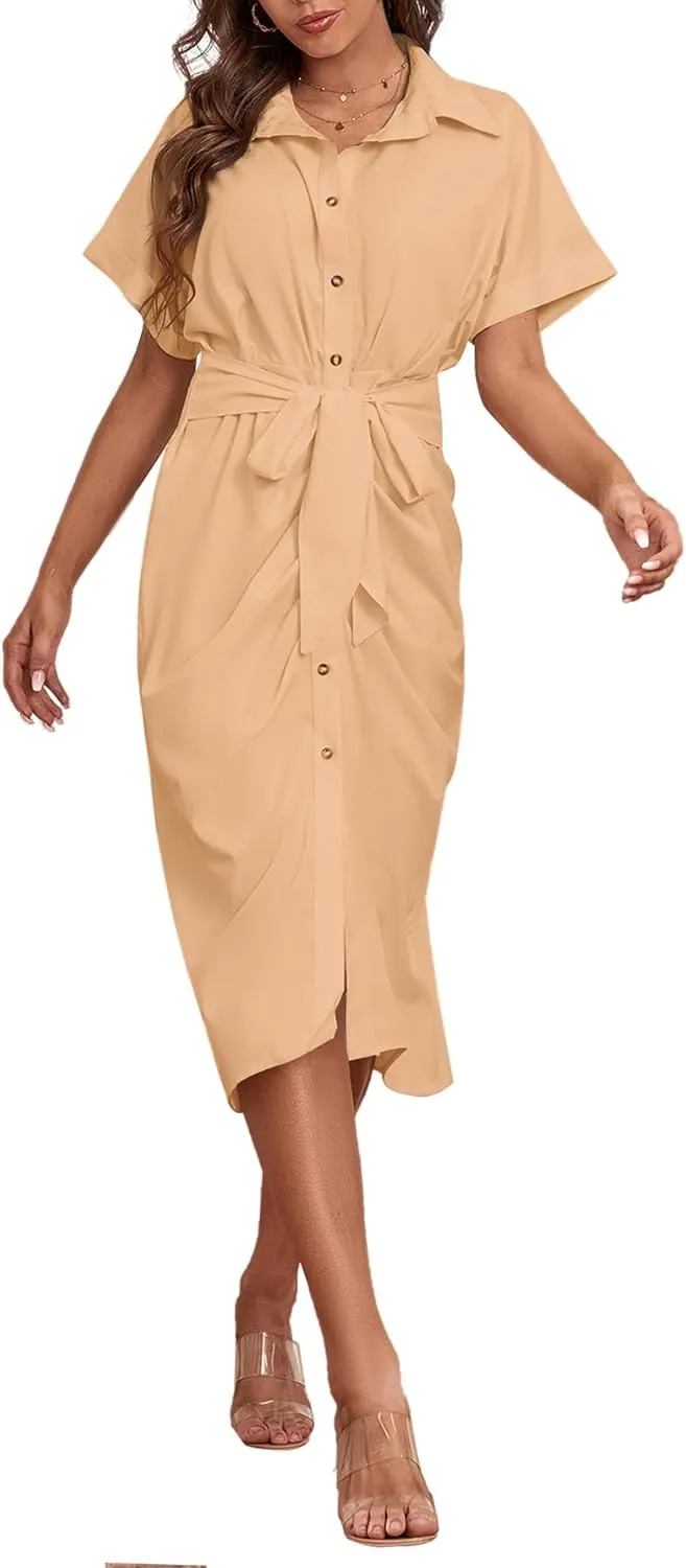 LYANER Women's Collar Button Down Ruched Self Tie Short Sleeve Midi Dress