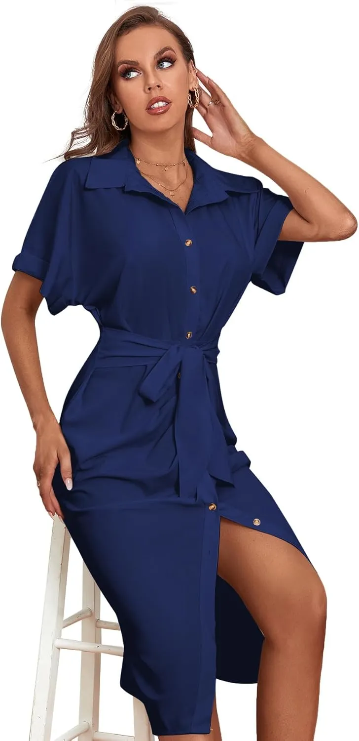 LYANER Women's Collar Button Down Ruched Self Tie Short Sleeve Midi Dress