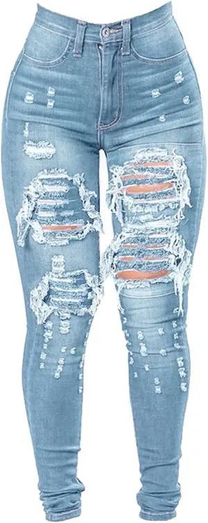 Maiyifu-GJ Destroyed Denim Skinny Jeans for Women - High Waisted and Stretchy with Ripped Accents