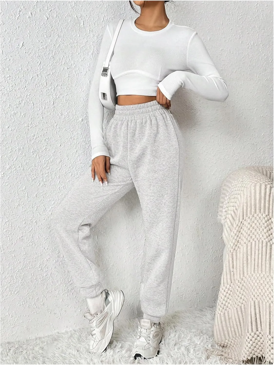 MakeMeChic Women's Elastic Waisted Plain Sweatpants Tapered Athletic Jogger Pants