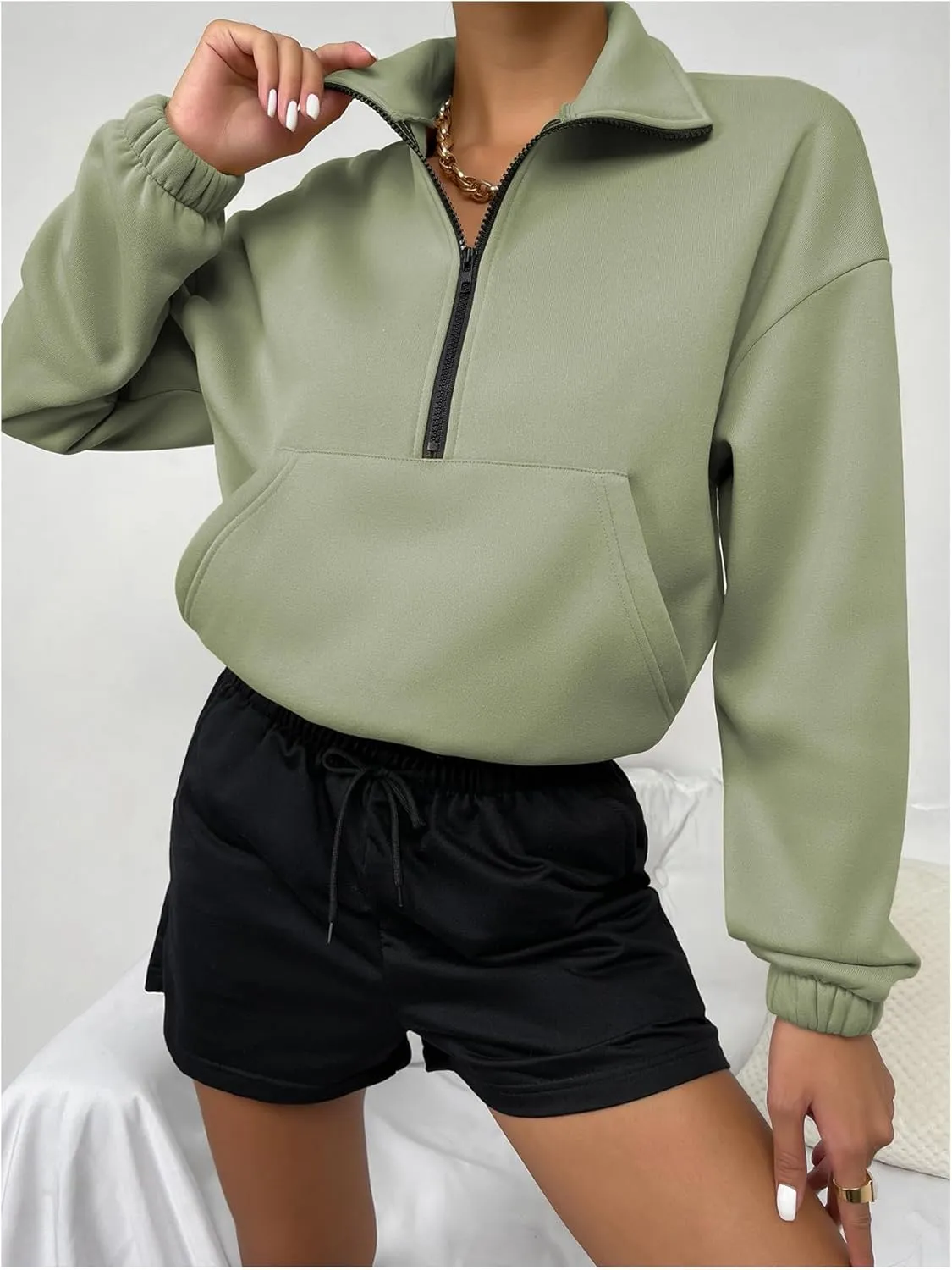 MakeMeChic Women's Half Zip Collared Sweatshirts Long Sleeve Drop Shoulder Crop Pullover Top
