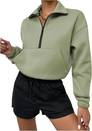 MakeMeChic Women's Half Zip Collared Sweatshirts Long Sleeve Drop Shoulder Crop Pullover Top