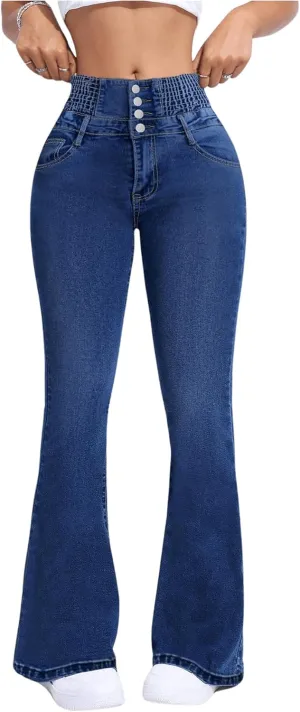 MakeMeChic Women's High Waisted Flare Jeans Y2K Denim Pants Bell Bottom Shirred Skinny Trousers with Pocket