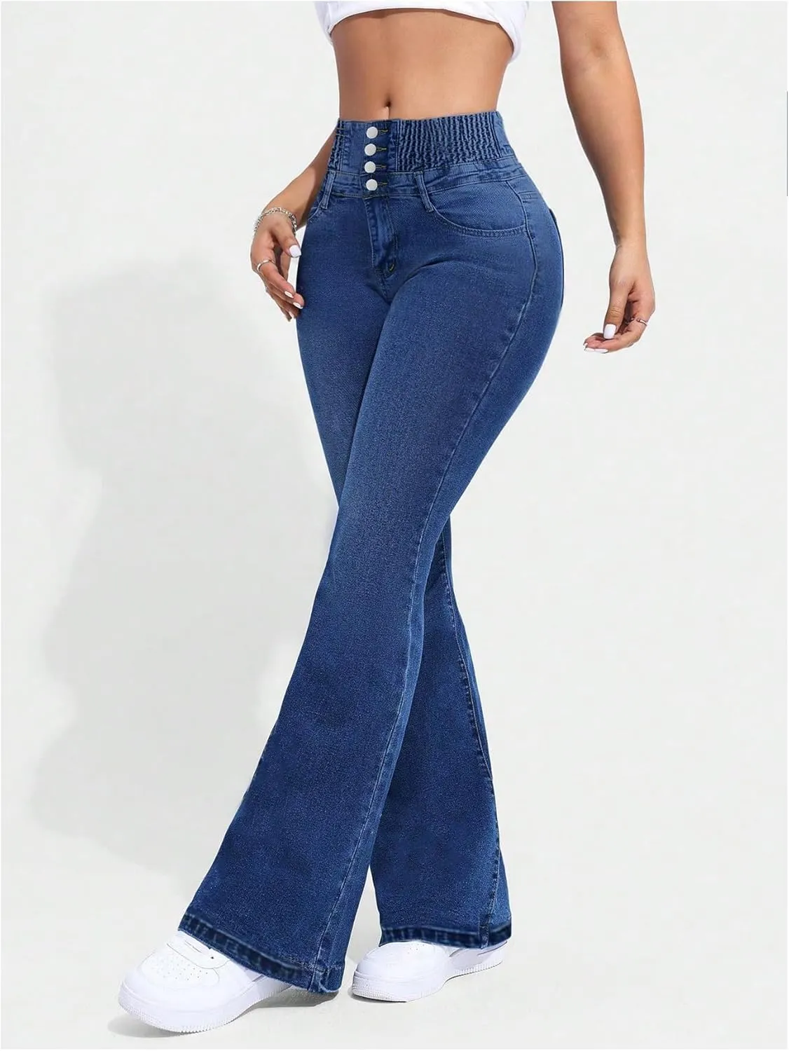 MakeMeChic Women's High Waisted Flare Jeans Y2K Denim Pants Bell Bottom Shirred Skinny Trousers with Pocket