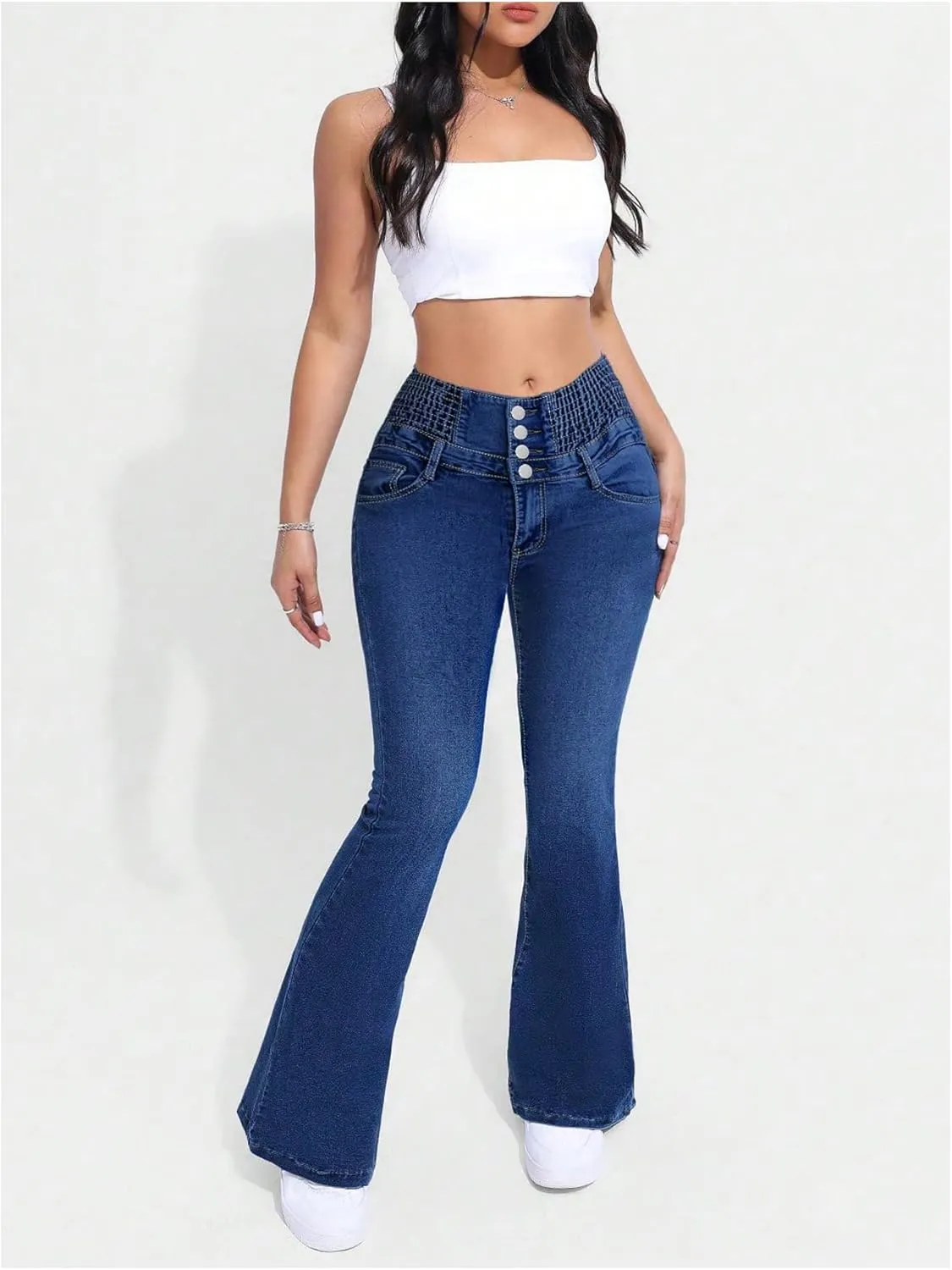 MakeMeChic Women's High Waisted Flare Jeans Y2K Denim Pants Bell Bottom Shirred Skinny Trousers with Pocket