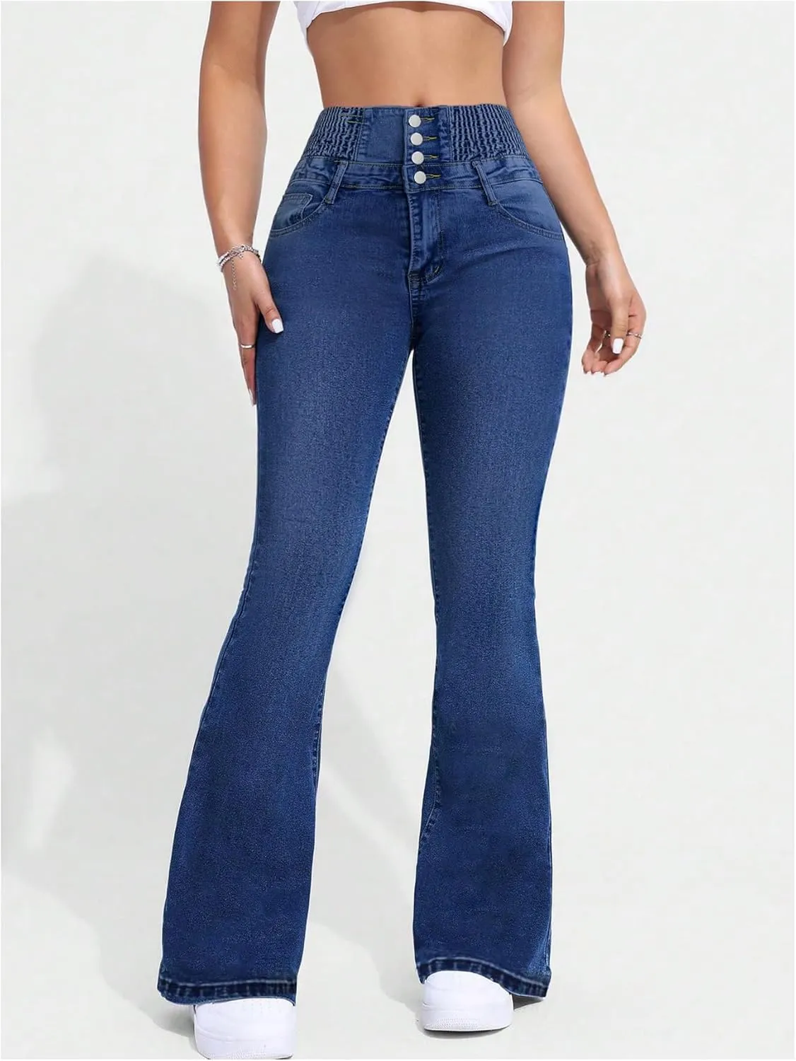 MakeMeChic Women's High Waisted Flare Jeans Y2K Denim Pants Bell Bottom Shirred Skinny Trousers with Pocket