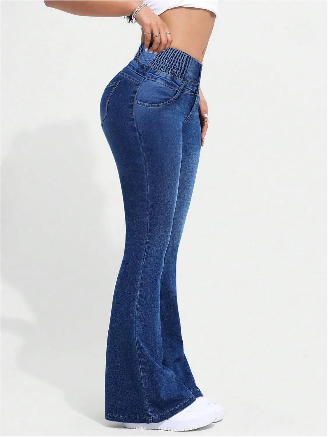 MakeMeChic Women's High Waisted Flare Jeans Y2K Denim Pants Bell Bottom Shirred Skinny Trousers with Pocket