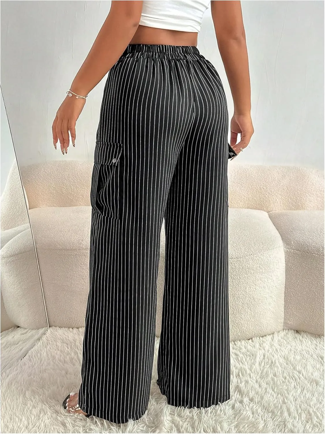 MakeMeChic Women's Striped Cargo Pants High Waist Wide Leg Baggy Pants Trousers with Pocket