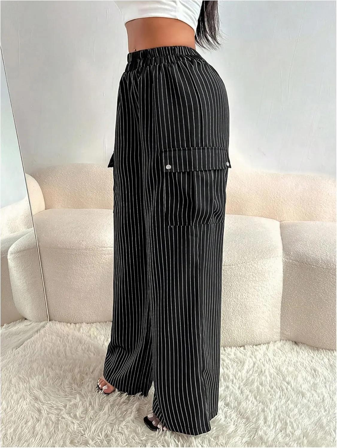 MakeMeChic Women's Striped Cargo Pants High Waist Wide Leg Baggy Pants Trousers with Pocket