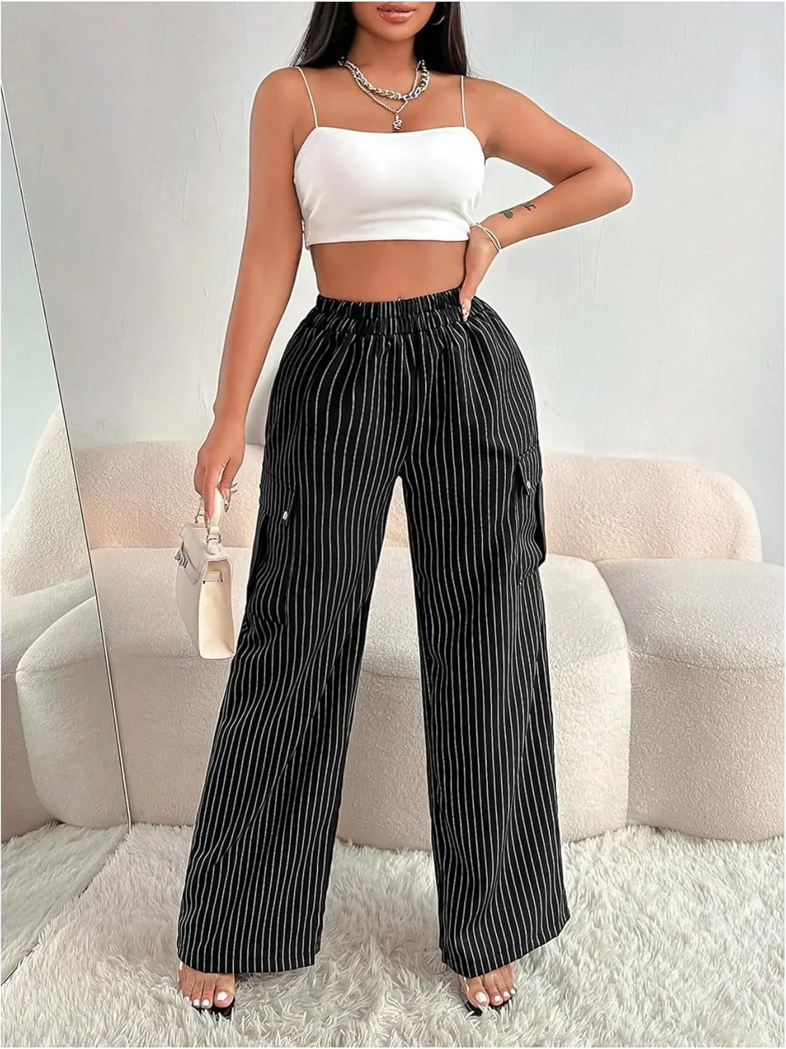 MakeMeChic Women's Striped Cargo Pants High Waist Wide Leg Baggy Pants Trousers with Pocket