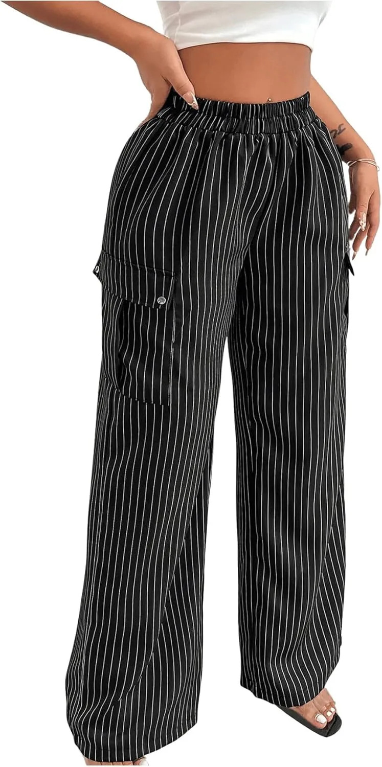 MakeMeChic Women's Striped Cargo Pants High Waist Wide Leg Baggy Pants Trousers with Pocket