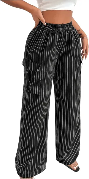 MakeMeChic Women's Striped Cargo Pants High Waist Wide Leg Baggy Pants Trousers with Pocket