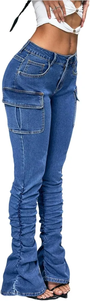 MakeMeChic Women's Vintage Denim Pants Ruched Skinny Y2K Cargo Jeans with Pockets