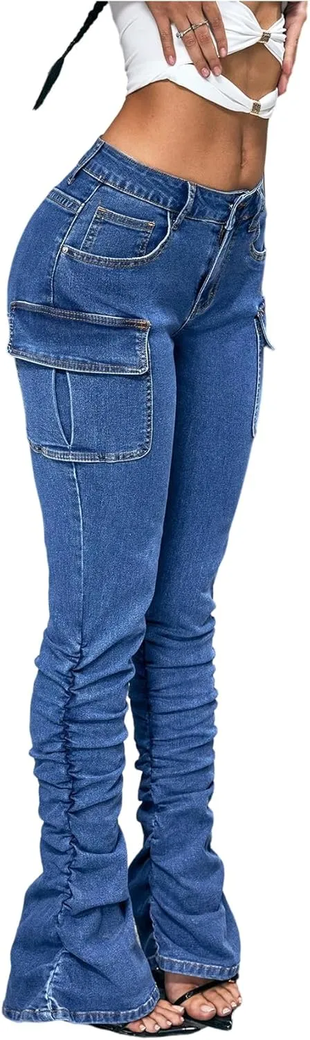 MakeMeChic Women's Vintage Denim Pants Ruched Skinny Y2K Cargo Jeans with Pockets