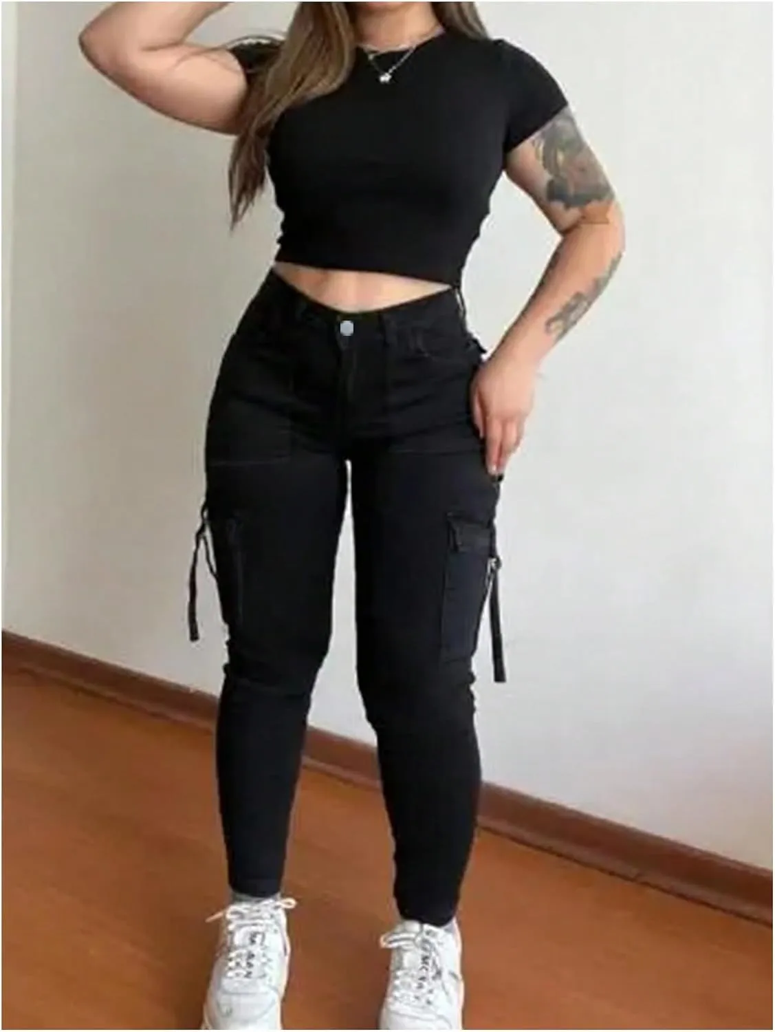 MakeMeChic Women's Zipper Fly Cargo Jeans Skinny Y2K Denim Pants Teousers with Pockets