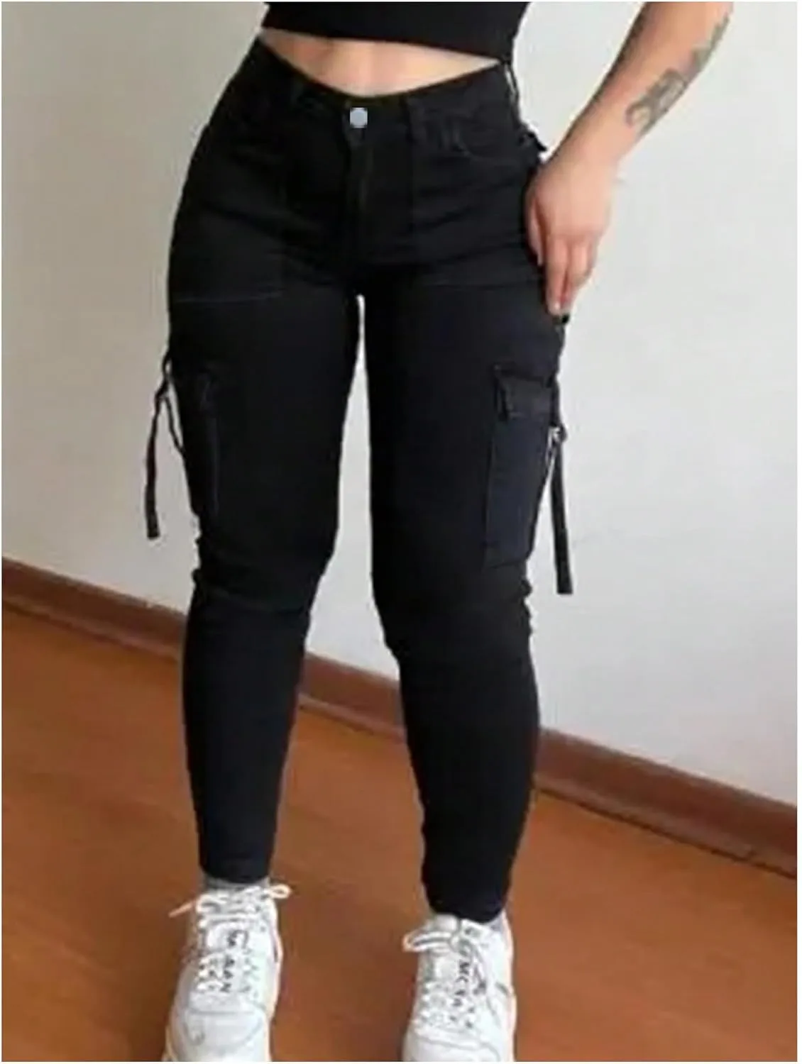 MakeMeChic Women's Zipper Fly Cargo Jeans Skinny Y2K Denim Pants Teousers with Pockets
