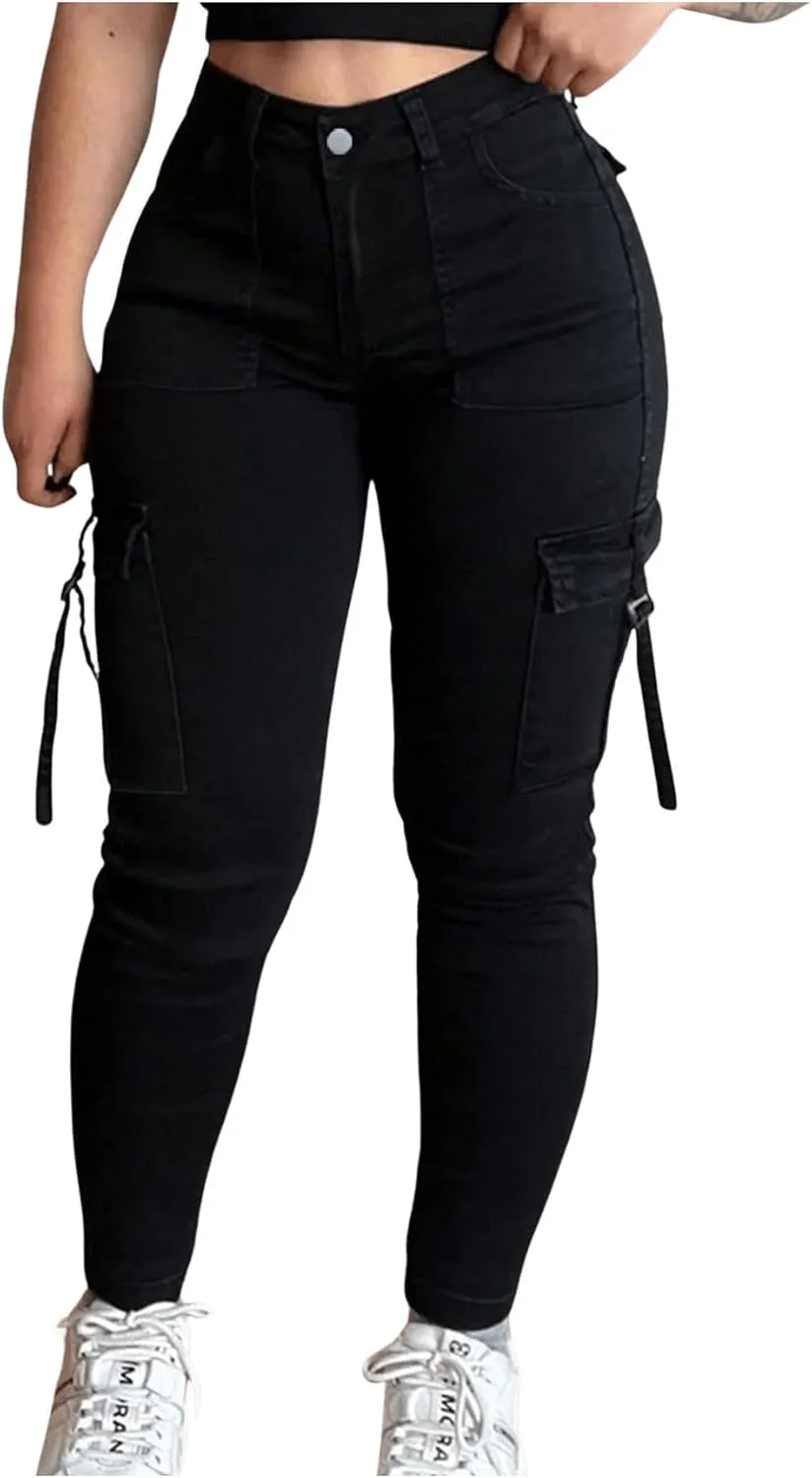 MakeMeChic Women's Zipper Fly Cargo Jeans Skinny Y2K Denim Pants Teousers with Pockets