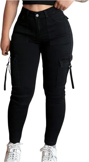 MakeMeChic Women's Zipper Fly Cargo Jeans Skinny Y2K Denim Pants Teousers with Pockets