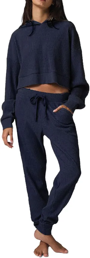 Mandonce Sweat Suits for Women 2 Piece Corduroy Cropped Hooded Sweatshirt Cotton Sweatpants Jogger Sets Athleisure Loungewear