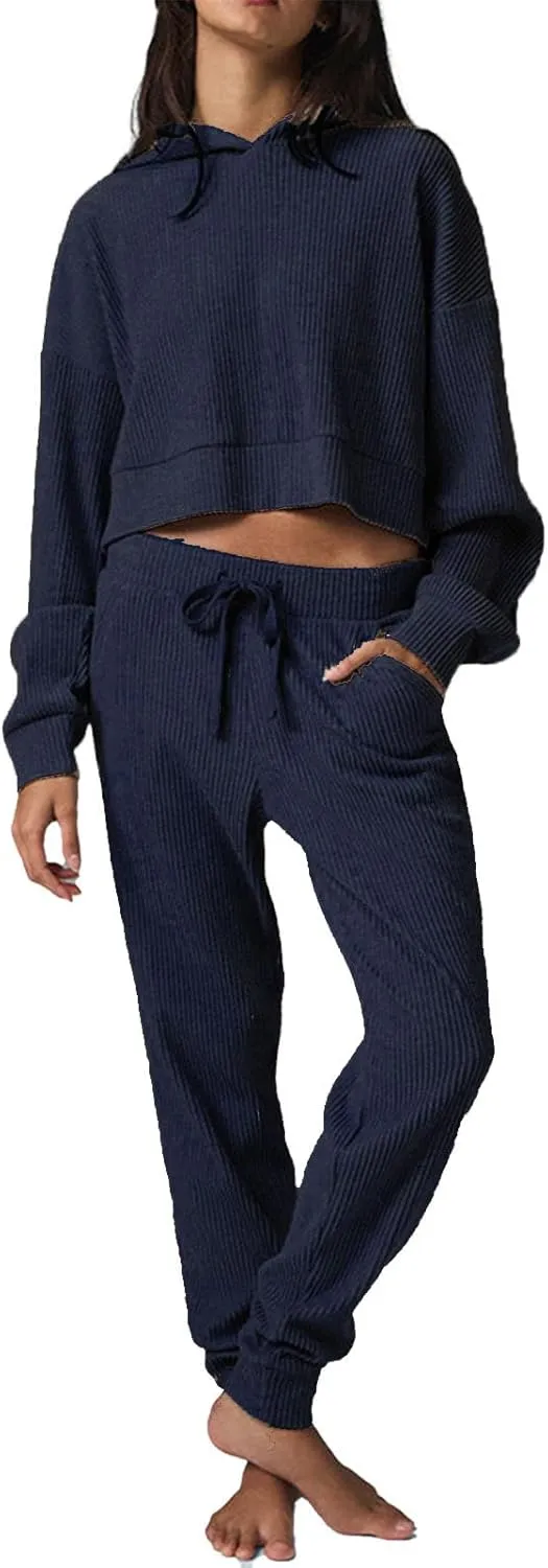 Mandonce Sweat Suits for Women 2 Piece Corduroy Cropped Hooded Sweatshirt Cotton Sweatpants Jogger Sets Athleisure Loungewear